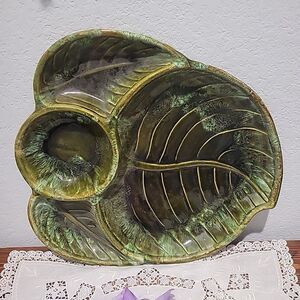 Vintage Wade of California Pottery Chip Dip Tray Green Leaf Made in USA MCM